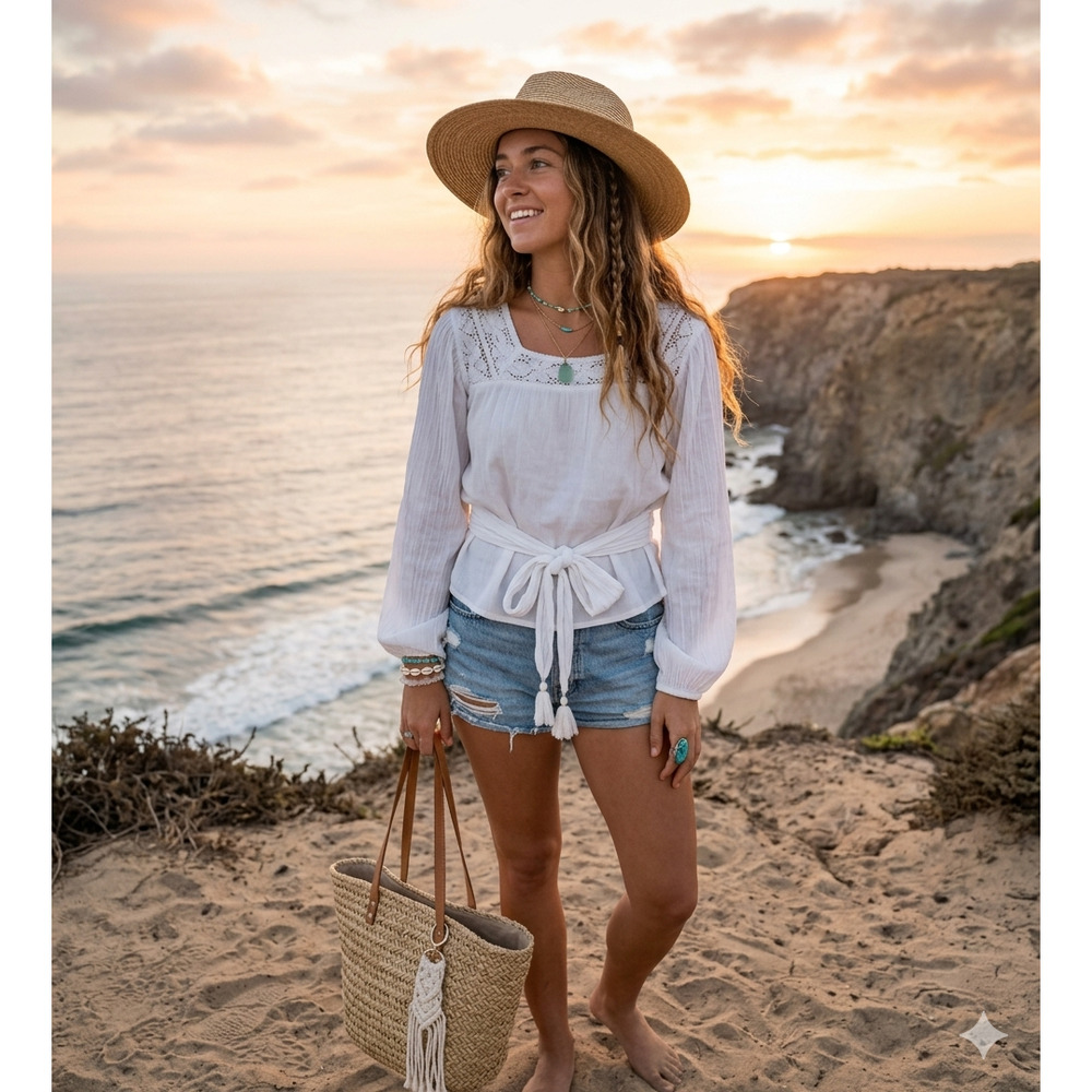 Free People Small Artsy Boho Gauze Tassels Ties Bohemian Top Blouse Cottagecore